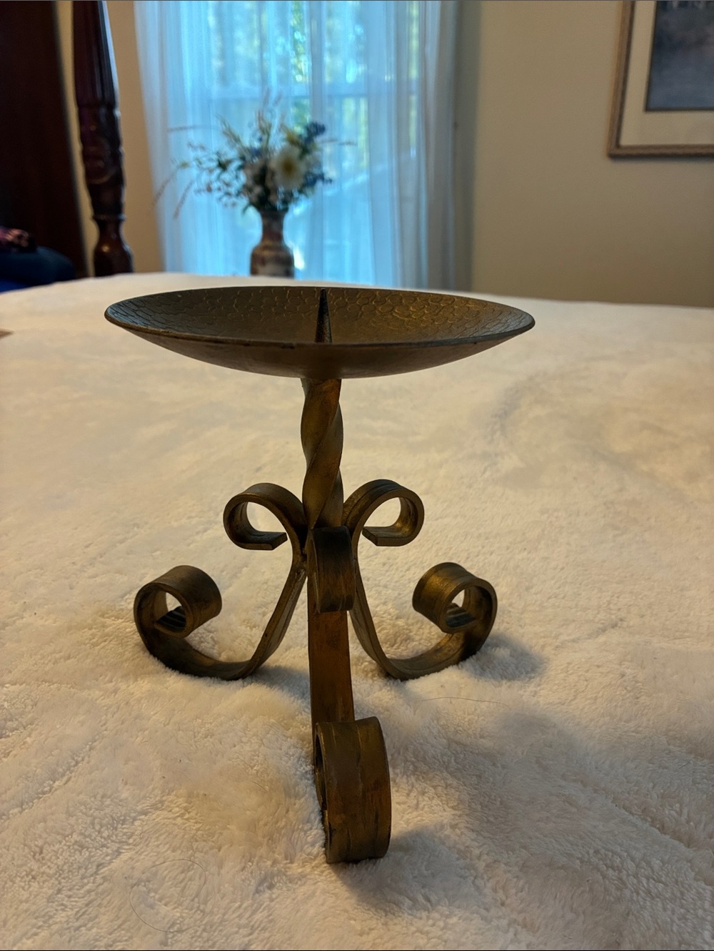 Vintage Hammered Brass Pricket Altar Candle Holder - Brutalist Iron Stand